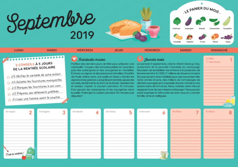 calendrier familial produits de saison check list recette